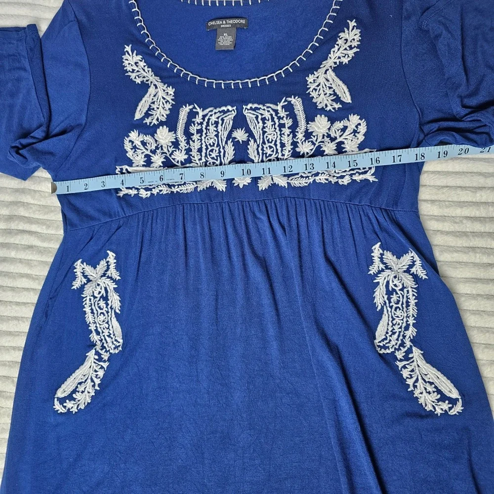 Chelsea Theodore Embroidered Blue Dress XL 3/4 Sleeve Empire Waist Boho Flowy - Picture 3 of 11